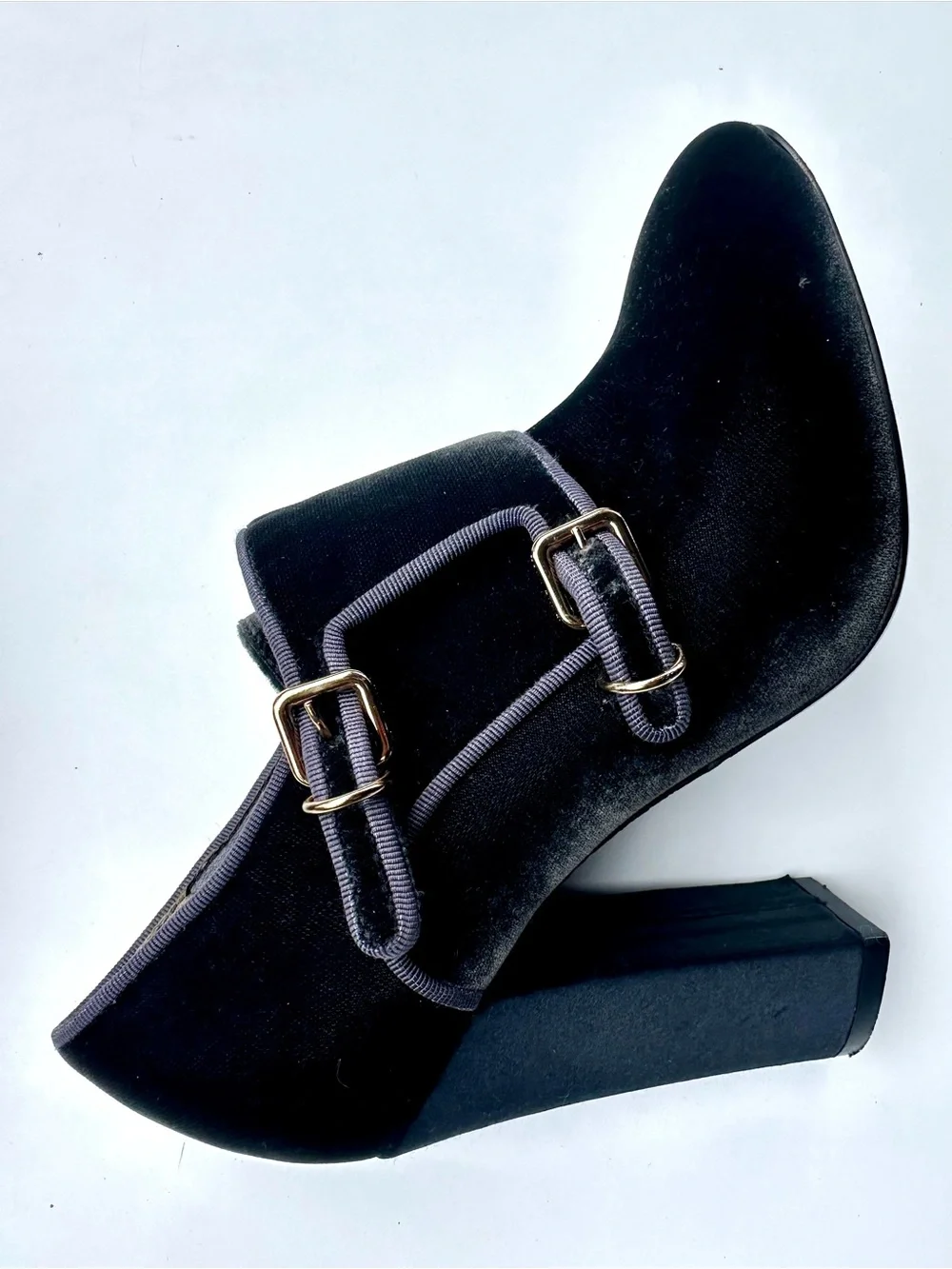Tory Burch Carley Velvet Booties Gray Grigio Block Heel Double Monk Buckle Shoes
